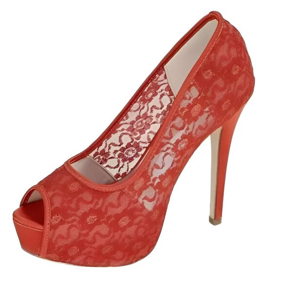 Guess Holiday Christmas Red Lace Toe Pin-Up Platform Party Stilettoes Heels 7.5 - Picture 1 of 8